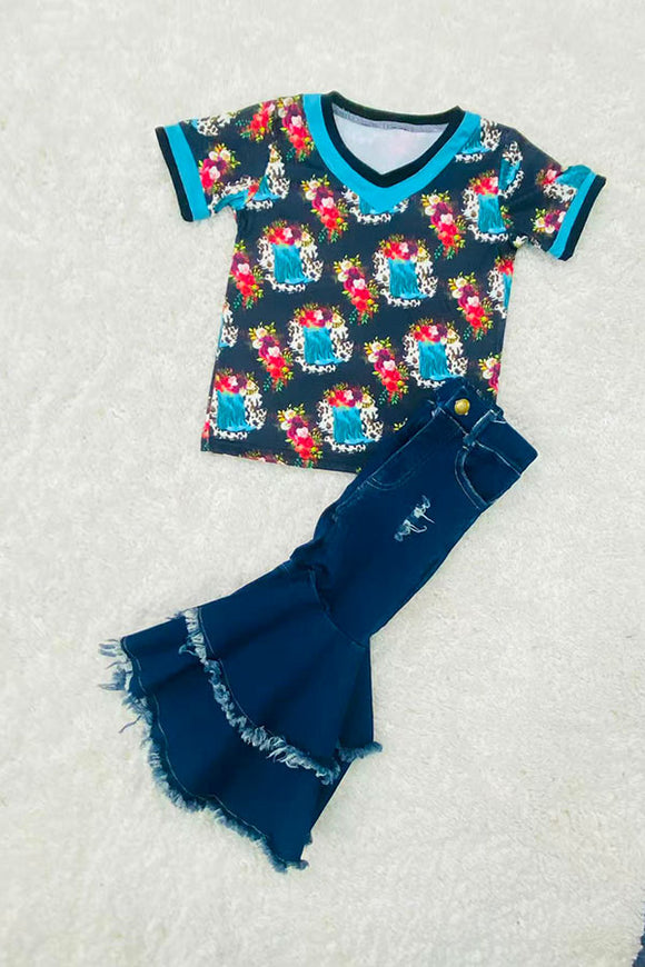 Wholesale Black & blue floral printed v-neck girl top DLH0821-3 A16S4