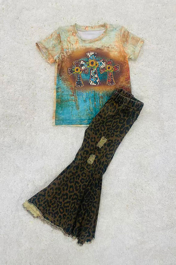 Girls boutique clothing wholesale cross & sunflower print short sleeve girls t-shirt DLH0923-07 A16S4