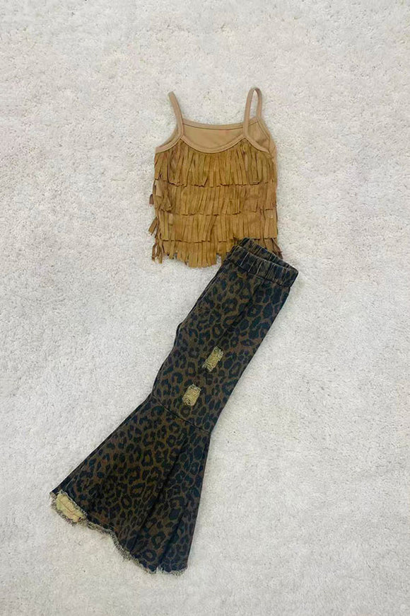 Western Kids Tan suede fringe tassel girls top DLH2615