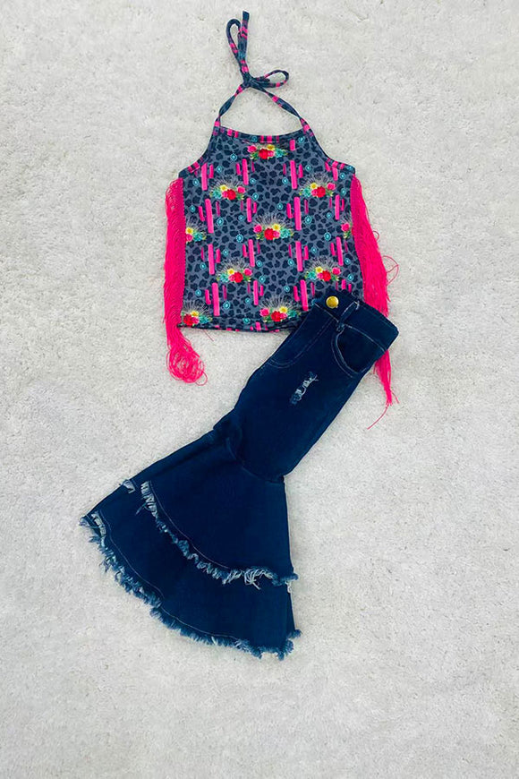 Leopard & cactus printed girl tank top w/fringe tassels DLH1215-03