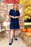 Navy blue short sleeve ruffle hem women dress w/striped XCH16533