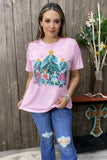 Dancing girls w/stars & trees multi color printed baby pink short sleeve women tops XCH15752 FS2