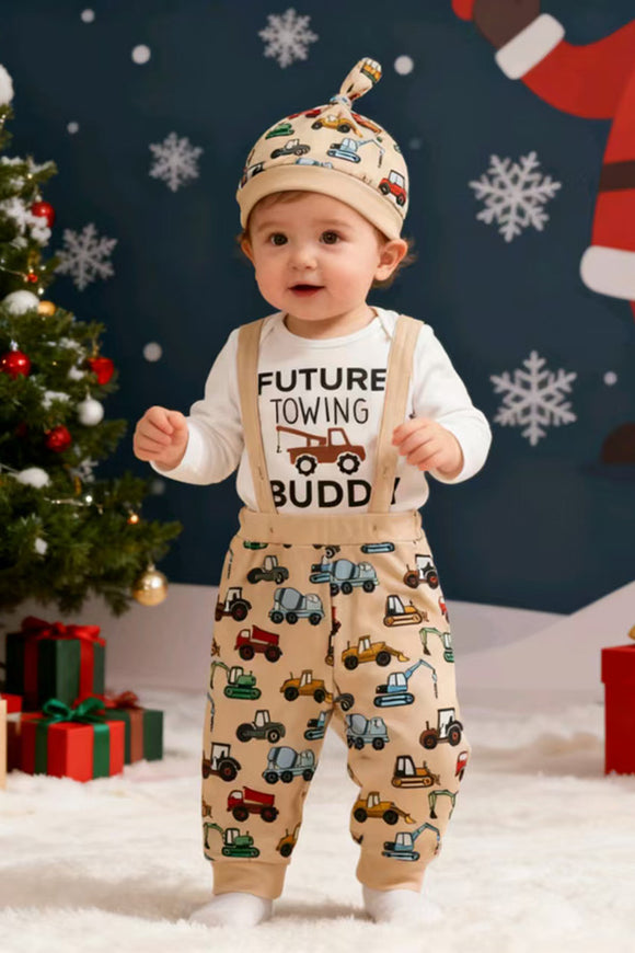 FUTURE TOWING BUDDY white romper & pant & hat 3pcs baby boy sets 250920M