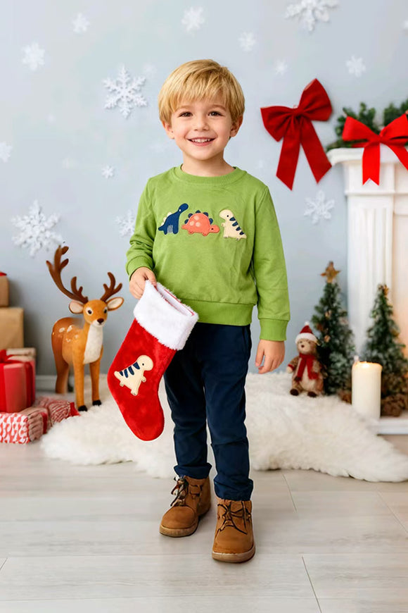 Dinosaur embroidery green top & navy blue pant 2pc boy sets 250925M