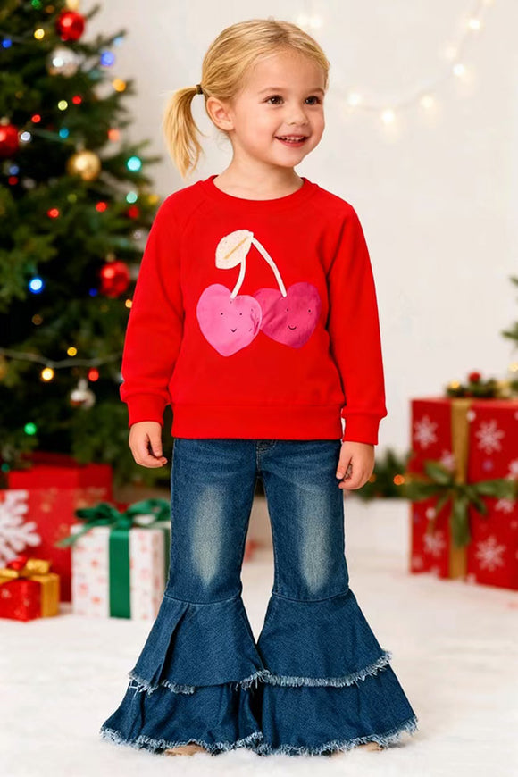 Cherry printed red long sleeve girls oversized sweatshirts 250927M