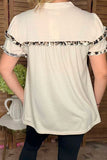 Beige & leopard printed double ruffle short sleeve women blouse GJQ16503