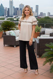 Clearance--Beige & leopard printed double ruffle short sleeve women blouse GJQ16503