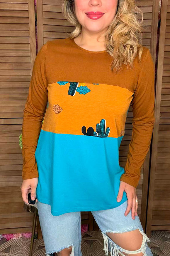 Blue/ginger block color w/cactus printed long sleeve women top GJQ13400 (DS4)