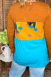 Blue/ginger block color w/cactus printed long sleeve women top GJQ13400 (DS4)