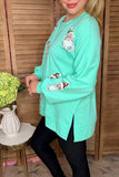 Christmas sequin santa pacth turqupoise long sleeve women blouse w/slit XCH16547