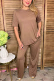 Khaki short sleeve top & straight pant 2pc women outfit sets GJQ15828 (GS7)