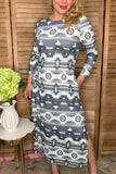 Western aztec printed 3/4 sleeve maix women dress w/slit GJQ15566