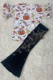 Halloween pumpkin & ghost printed ruffle short sleeve girls top DLH2617 9S6
