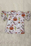 Halloween pumpkin & ghost printed ruffle short sleeve girls top DLH2617 9S6