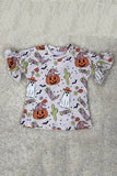 Halloween pumpkin & ghost printed ruffle short sleeve girls top DLH2617 9S6