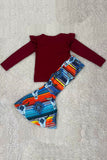 Burgundy long sleeve top & serape bell bottom 2pcs girls sets DLH2700 (A8S7)