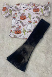 Halloween pumpkin & ghost printed ruffle short sleeve girls top DLH2617 9S6
