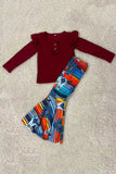 Burgundy long sleeve top & serape bell bottom 2pcs girls sets DLH2700 (A8S7)