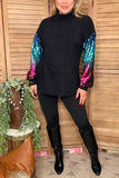 Western sequin long sleeve black women top w/tighten cuff BQ15437