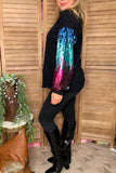 Western sequin long sleeve black women top w/tighten cuff BQ15437