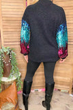 Western sequin long sleeve black women top w/tighten cuff BQ15437