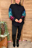 Western sequin long sleeve black women top w/tighten cuff BQ15437