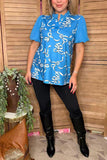 Blue bows printed puff short sleeve women shirts w/v-neckline XCH16669