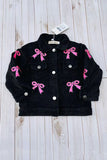 Pink sequin bow black corduroy long sleeve girls jacket XCH03032