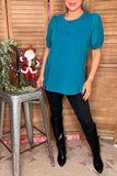 Turquoise round neck eyelet lace puff short sleeves women top SP16421