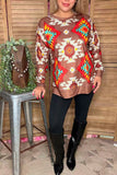 Western aztec printed brown long sleeve women shirts GJQ16493