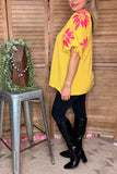 Yellow ribbed knitted fabric pink embroidery puff short sleeves women top XCH16645