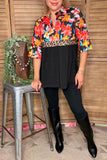 Floral & leopard & black color block half sleeves women top GJQ16303