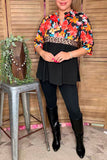 Floral & leopard & black color block half sleeves women top GJQ16303