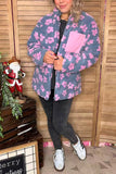 Plus size grey & pink flowers sherpa full-zip women jacket w/pocket DLH14445