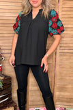 Turquoise & red flower embroidery short sleeve black women top XCH16734 gs12