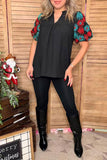 Turquoise & red flower embroidery short sleeve black women top XCH16734