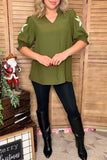 Olive Green flower embroidery ruffle short sleeve women top XCH16633