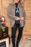 Grey suede fringe long sleeve women jacket with buttons up XCH16770