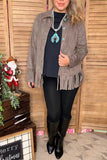 Grey suede fringe long sleeve women jacket with buttons up XCH16770