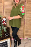 Olive Green flower embroidery ruffle short sleeve women top XCH16633