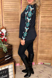 Western bull skull & turquoise jewel printed long sleeve black women top XCH16355