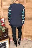 Western bull skull & turquoise jewel printed long sleeve black women top XCH16355