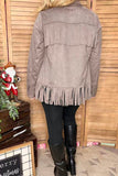 Grey suede fringe long sleeve women jacket with buttons up XCH16770