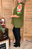 Olive Green flower embroidery ruffle short sleeve women top XCH16633