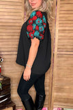 Turquoise & red flower embroidery short sleeve black women top XCH16734 gs12