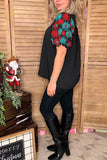 Turquoise & red flower embroidery short sleeve black women top XCH16734