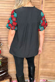 Turquoise & red flower embroidery short sleeve black women top XCH16734 gs12