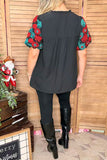 Turquoise & red flower embroidery short sleeve black women top XCH16734