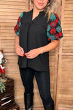 Turquoise & red flower embroidery short sleeve black women top XCH16734 gs12