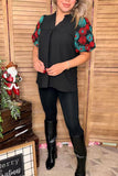 Turquoise & red flower embroidery short sleeve black women top XCH16734